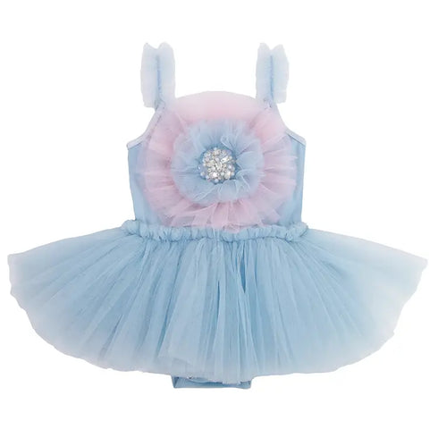 Sky Romper with Ruffle Flower and Sparkle Gem Detail Amelie Baby Party Onesie Dress 0-24M